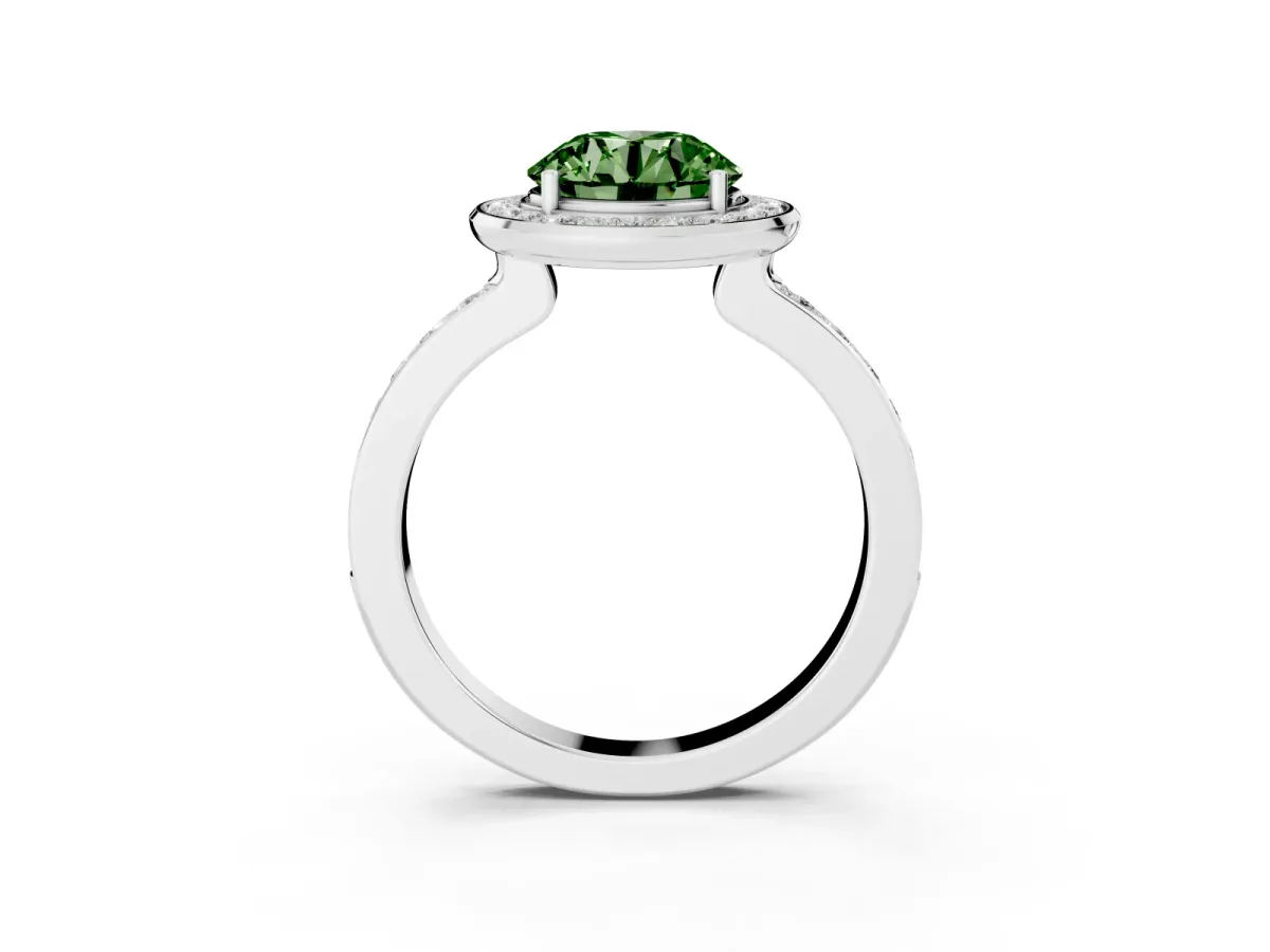 Fancy Green Round Cut Diamond Halo Ring with Bezel Frame and Pavé Band Silver