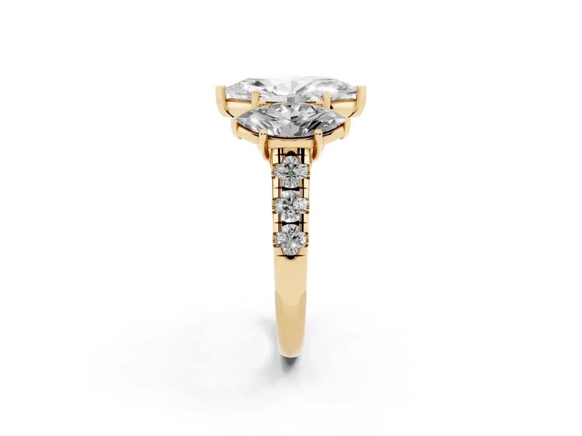 Three-Stone Marquise Cut Diamond Pavé Band with Prong Setting Yellow gold