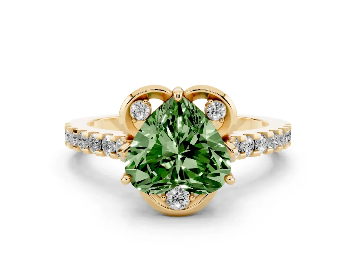 Fancy Green Heart Cut Diamond Ring with Pavé Band and Floral Prong Setting Yellow gold