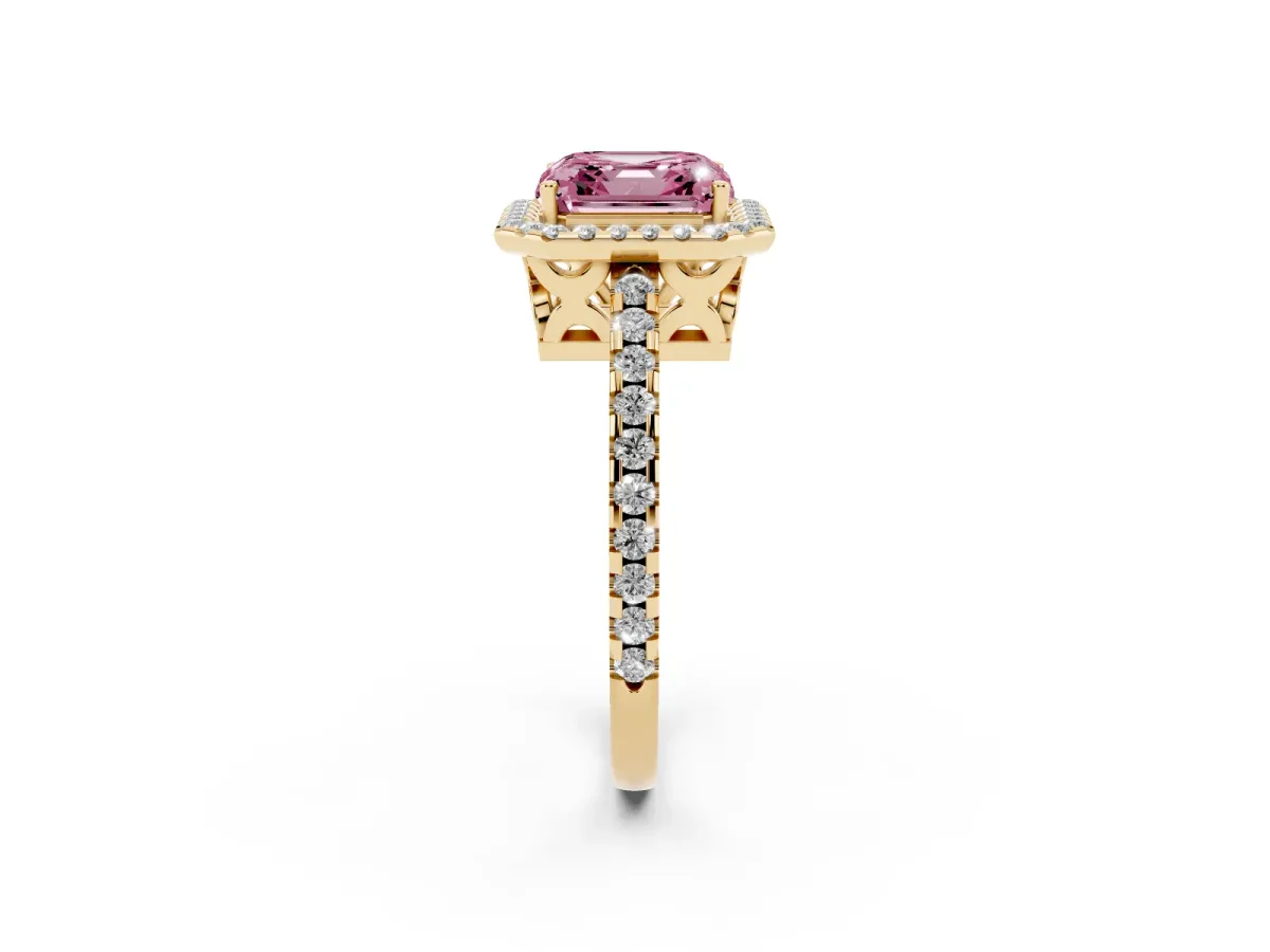 Fancy Pink Asscher Cut Diamond Halo Engagement Ring with Pavé Band and Prong Setting Yellow gold