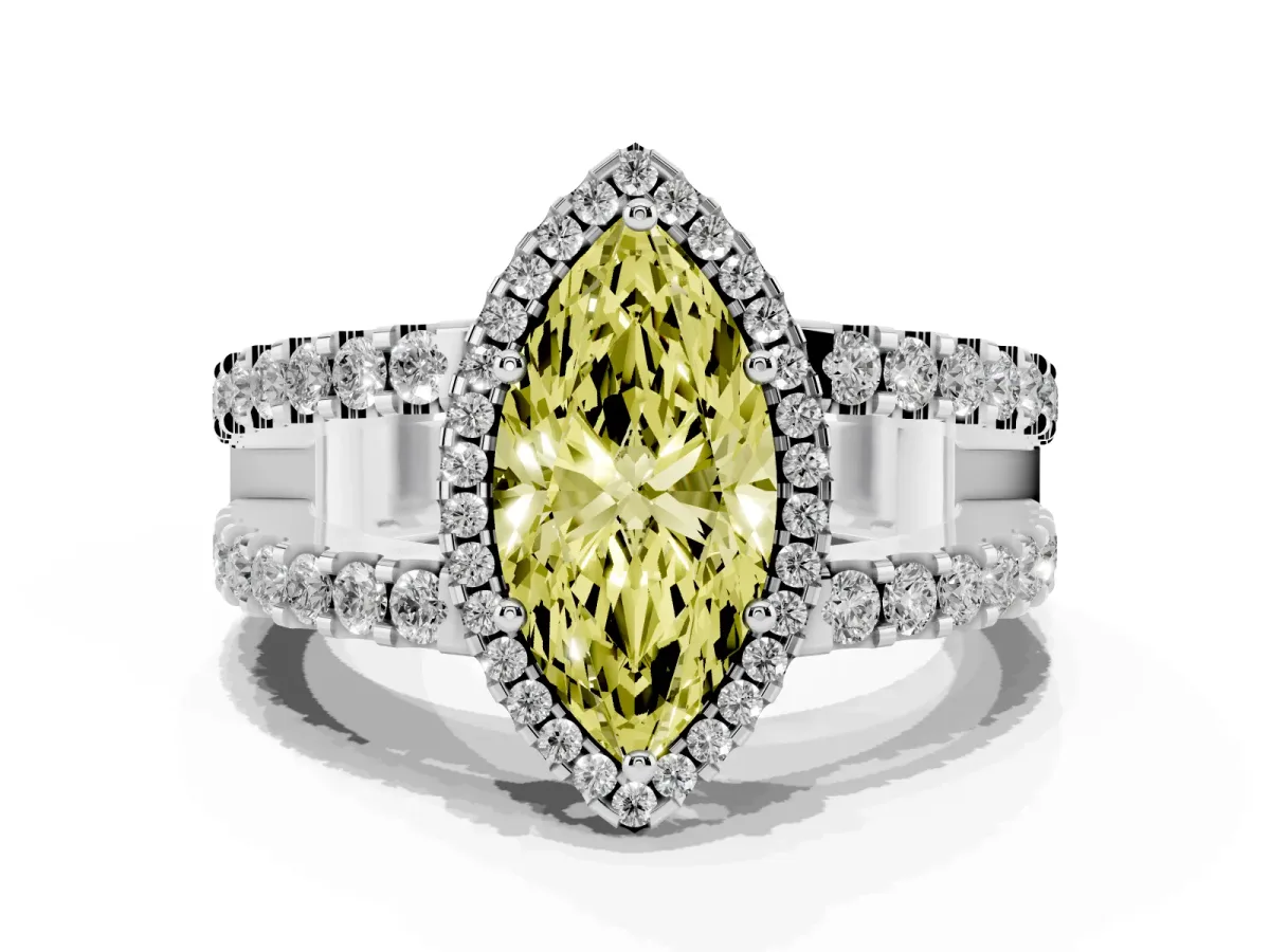 Fancy Yellow Marquise Cut Cut Halo Split Shank Diamond Ring with Four-Prong Setting Platinum