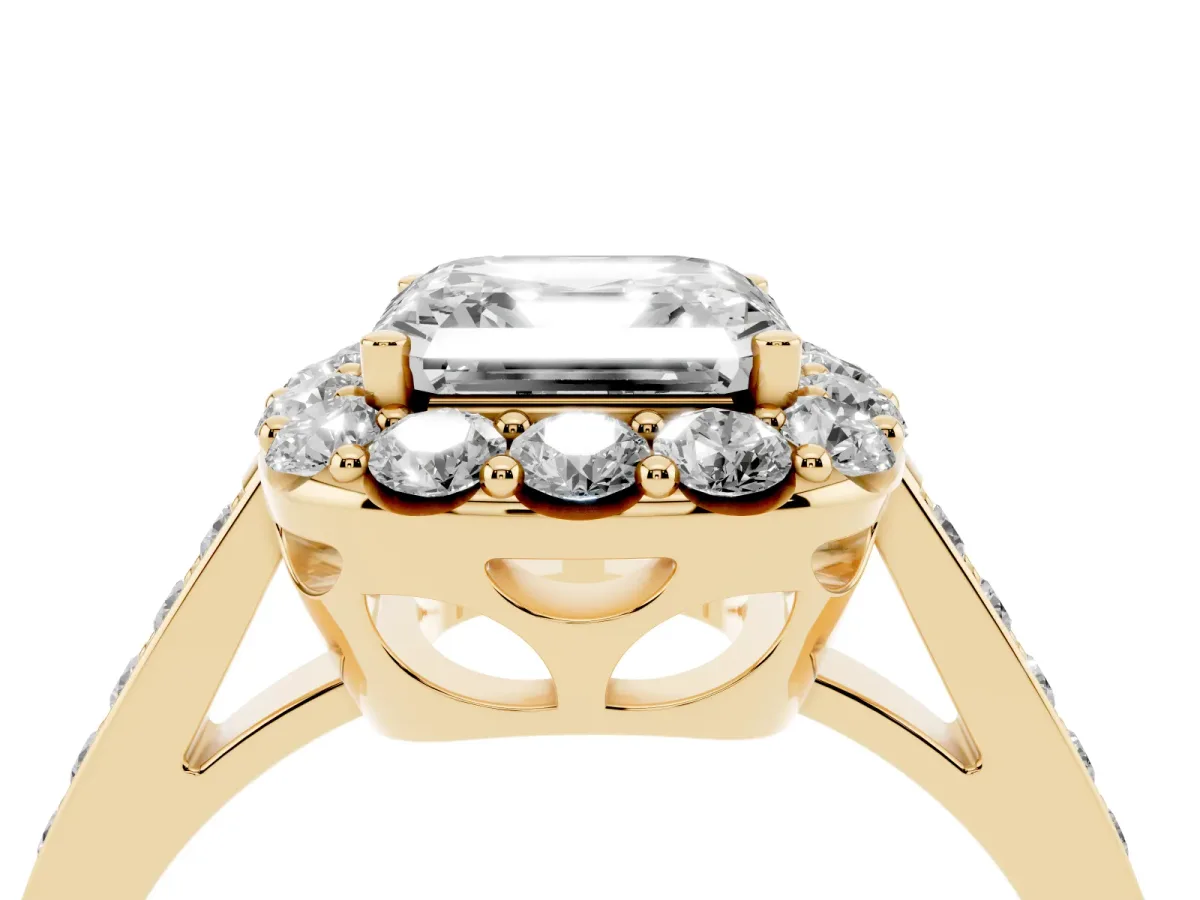 Asscher Cut Diamond Floral Halo Ring with Pavé Band and Prong Setting Yellow gold