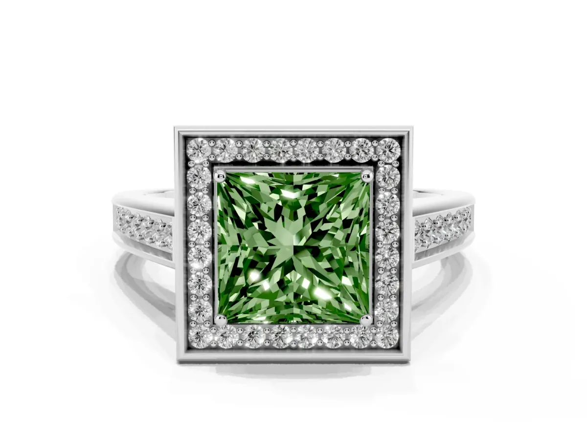 Fancy Green Princess Cut Halo Solitaire Diamond Ring with Pave Band and Bezel Setting Silver