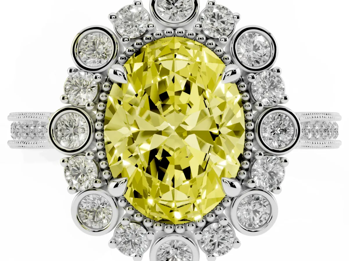 Fancy Yellow Oval Cut Halo Milgrain Pave Diamond Ring with Four-Prong Setting Silver