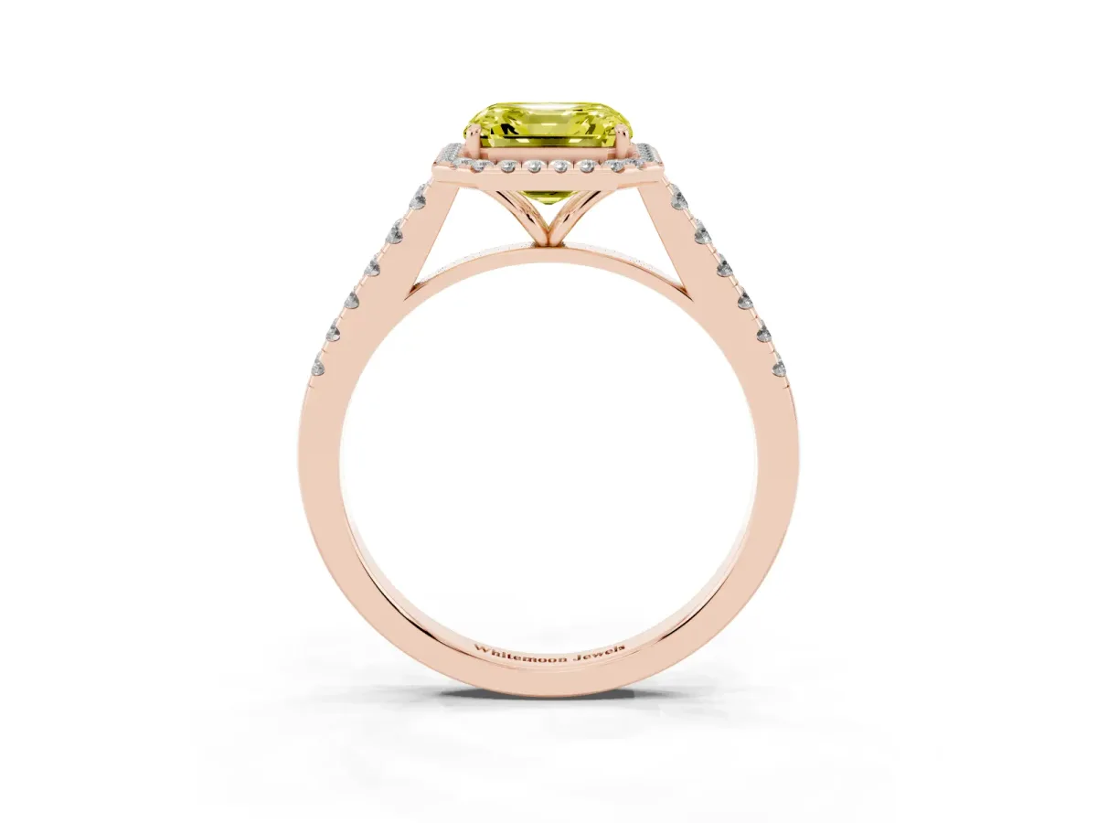 Fancy Yellow Asscher Cut Halo Pave Diamond Engagement Ring with Four-Prong Setting Rose gold