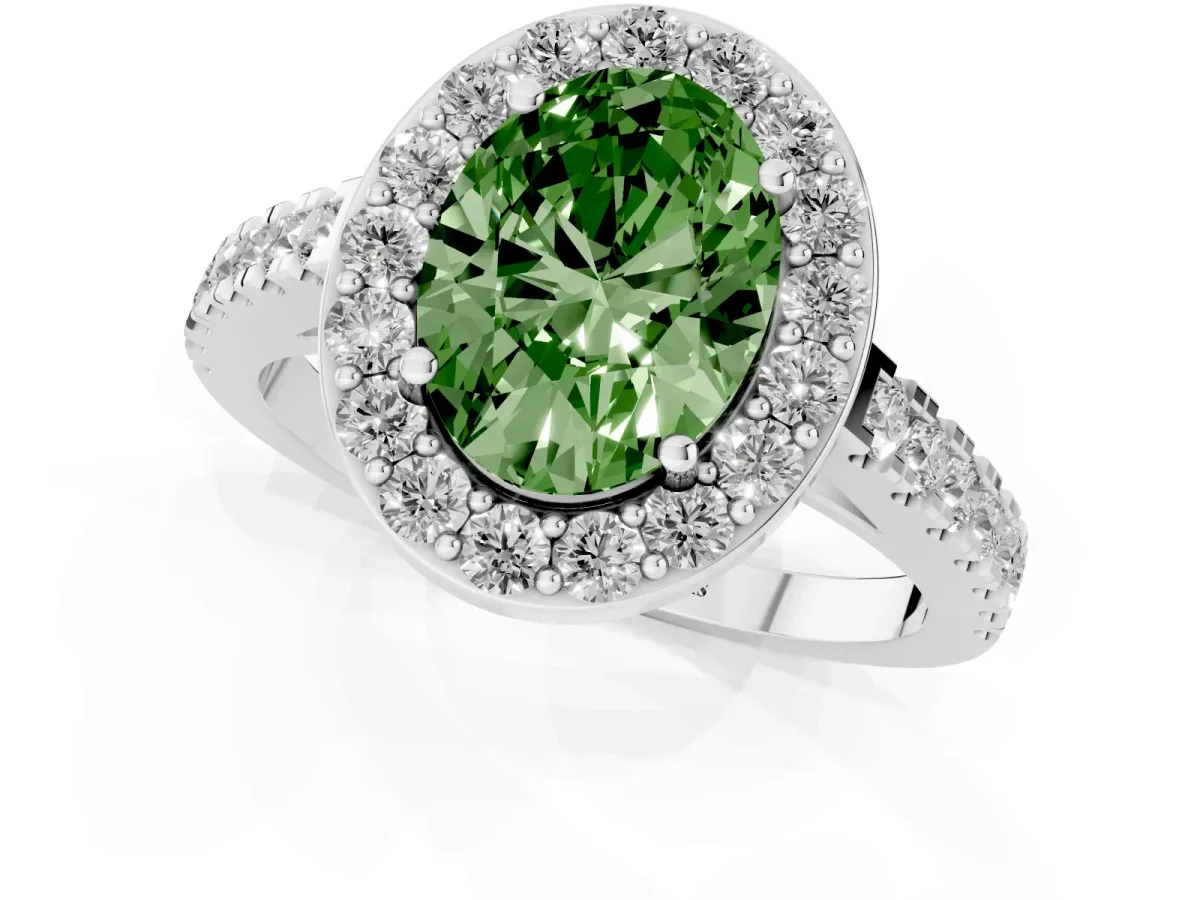 Fancy Green Oval Cut Diamond Halo Ring with Round Pavé Split Shank and Prong Setting Silver