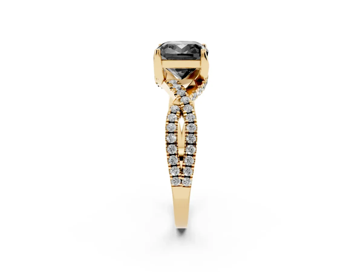 Fancy Black Cushion Cut Solitaire Twist Pave Diamond Engagement Ring with Prong Setting Yellow gold