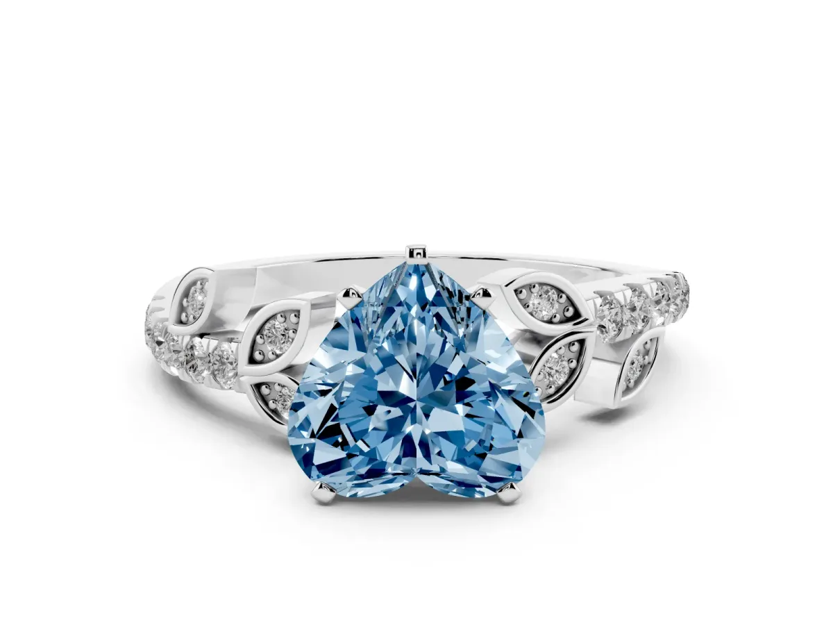 Fancy Blue Heart Cut Solitaire Leaf-Inspired Diamond Ring with Pavé Band and Four-Prong Setting Silver