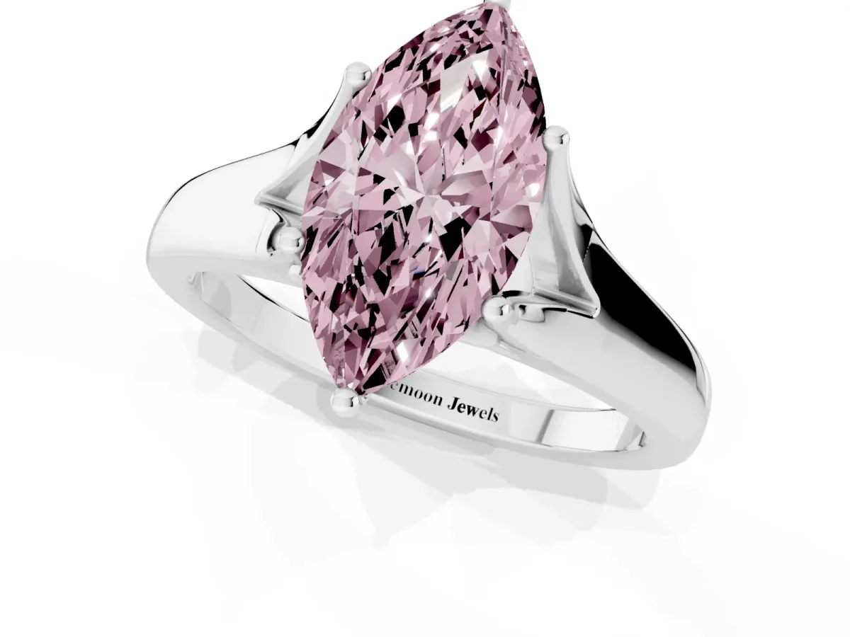 Fancy Pink Marquise Cut Solitaire Diamond Ring with Cathedral Band and Four-Prong Setting Silver