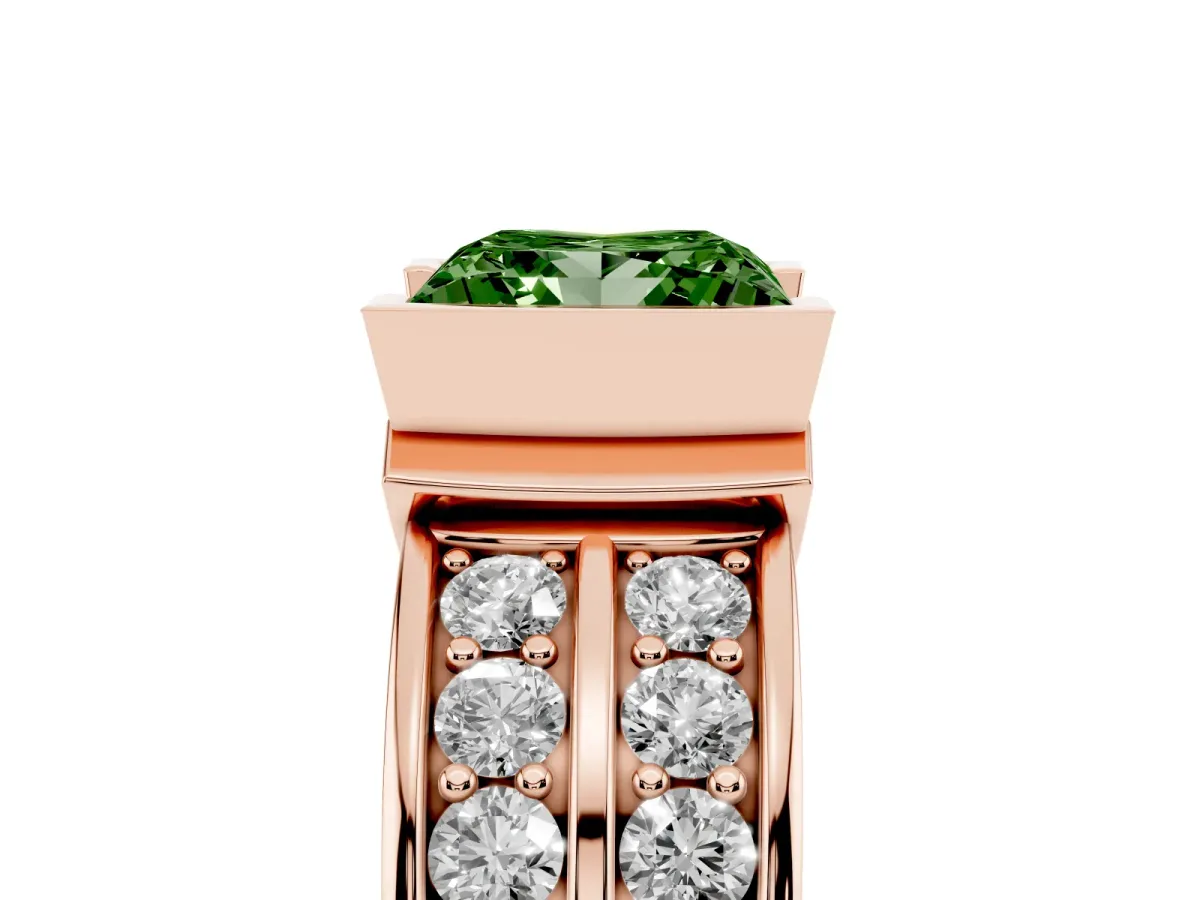 Fancy Green Princess Cut Brilliant Diamond Channel Set Wide Band Ring with Bezel Setting Rose gold