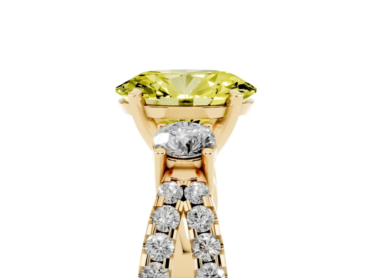 Fancy Yellow Oval Cut Diamond Three-Stone Ring with Pavé Split Shank and Four-Prong Setting Yellow gold