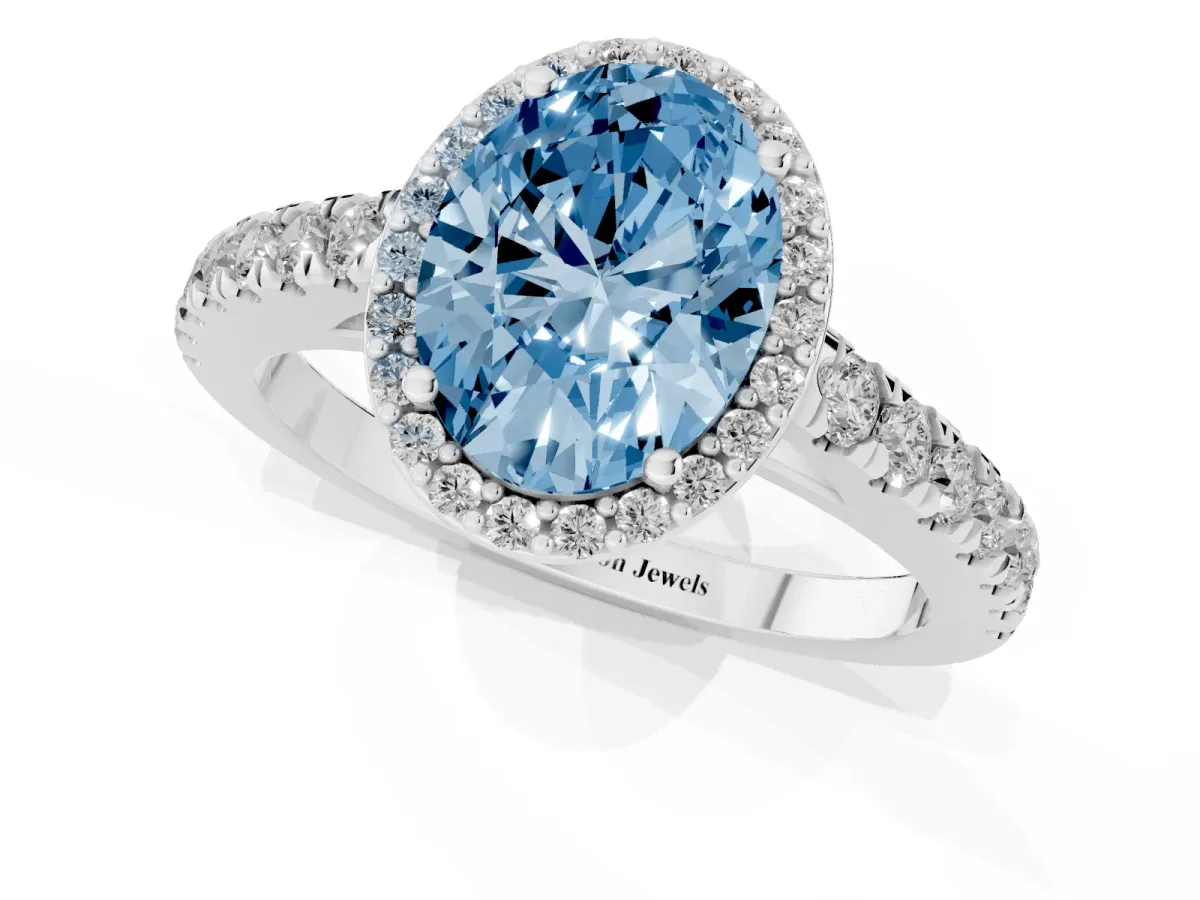 Fancy Blue Oval Cut Cut Halo Diamond Engagement Ring with Pave Band and Four-Prong Setting Silver