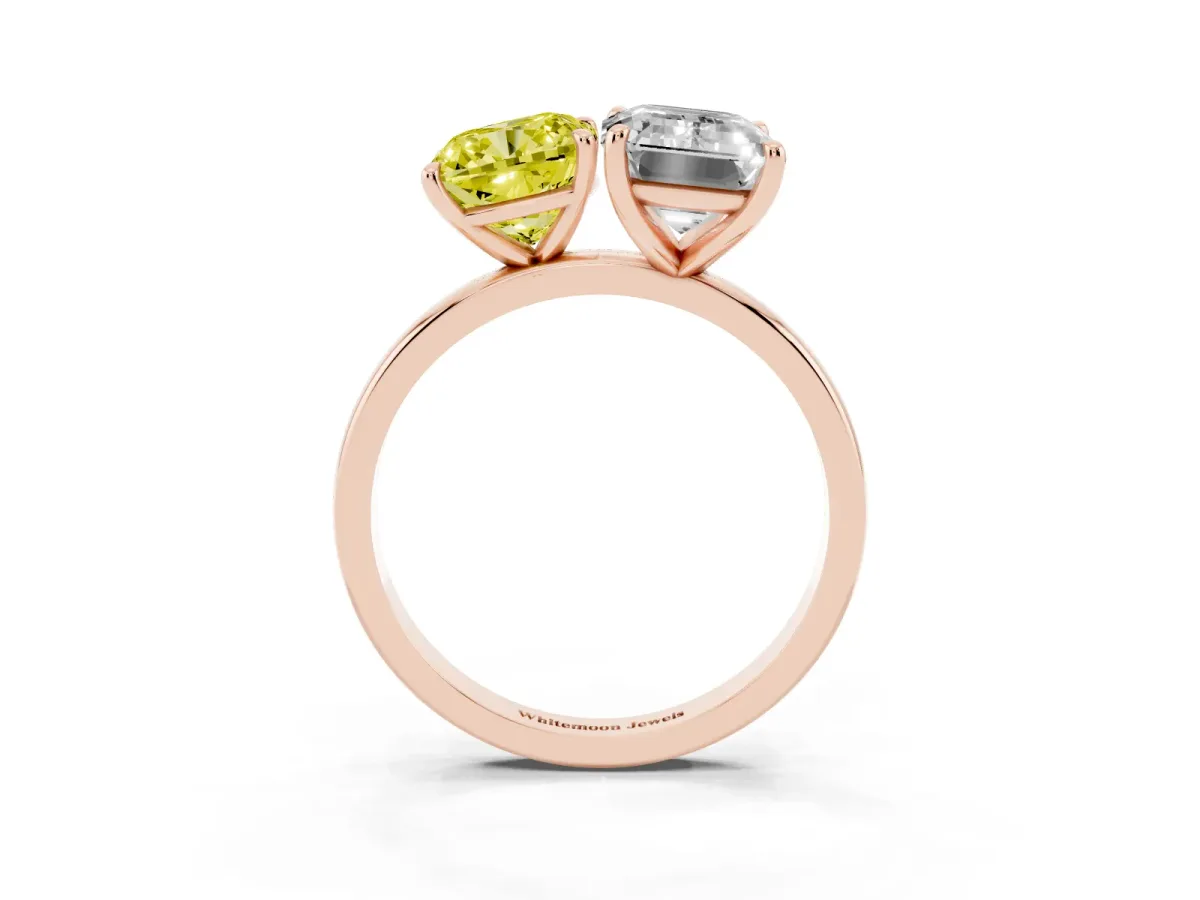 Fancy Yellow Cushion Cut and Emerald Cut Toi Moi Ring with Prong Setting Rose gold