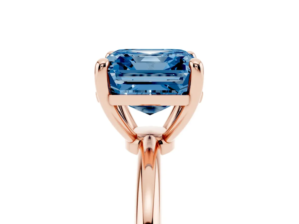 Fancy Blue Asscher Cut Solitaire Diamond Ring with 4-Prong Setting on a Classic Band Rose gold