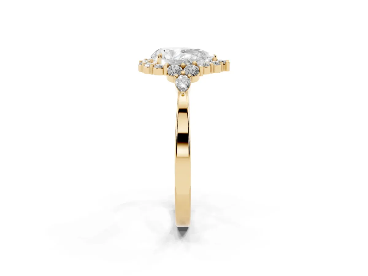 Pear Cut Diamond Halo Ring with Pear Side Stones and Prong Setting Yellow gold