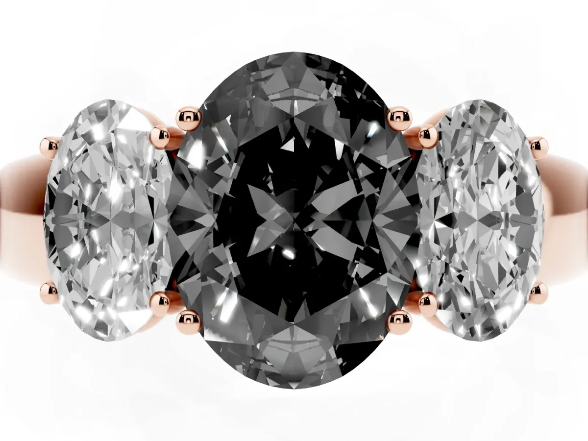 Fancy Black Three-Stone Oval Cut Cut Diamond Ring with Prong Setting and Classic Band Rose gold