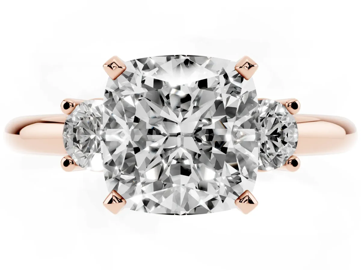Three-Stone Cushion Cut Cut Diamond Solitaire with Prong Setting and Classic Band Rose gold