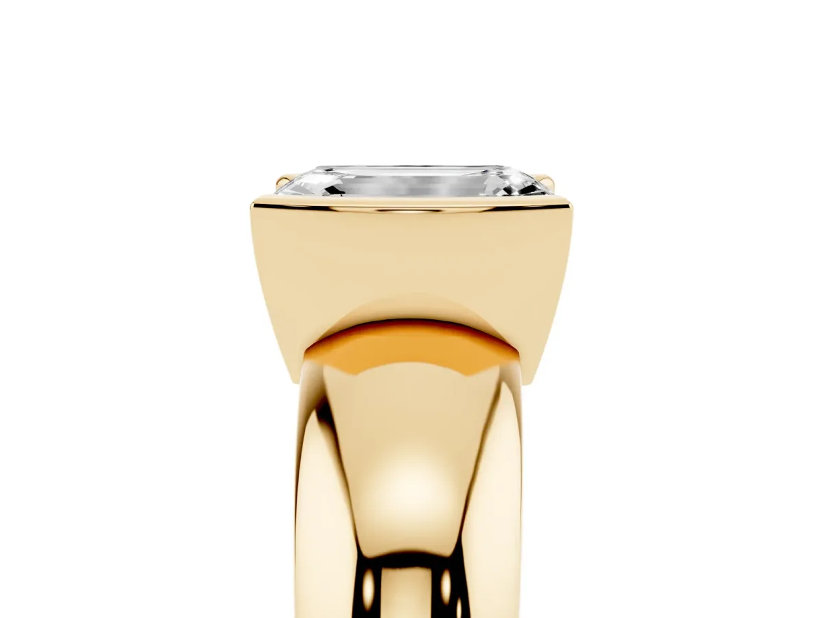 Emerald Cut Solitaire Tension Set Diamond Ring with Wide Band Yellow gold