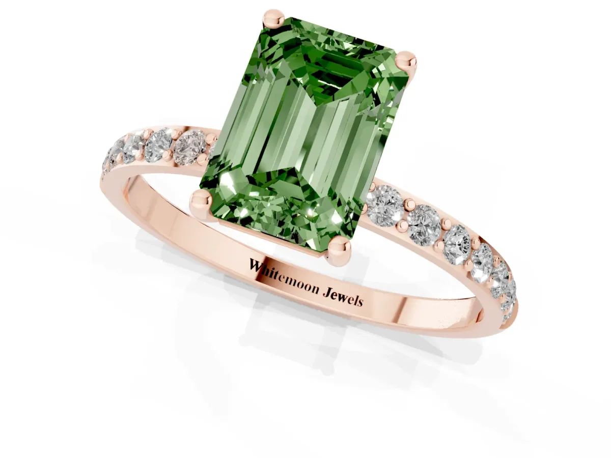 Fancy Green Emerald Cut Diamond Solitaire Ring with Round Pavé Shoulders and Prong Setting Rose gold