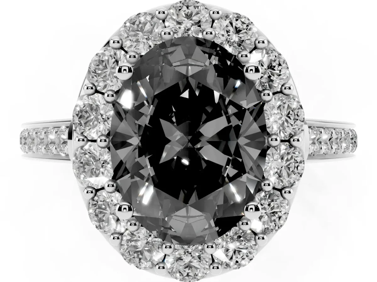 Fancy Black Oval Cut Diamond Floral Halo Ring with Pavé Band and Prong Setting White gold