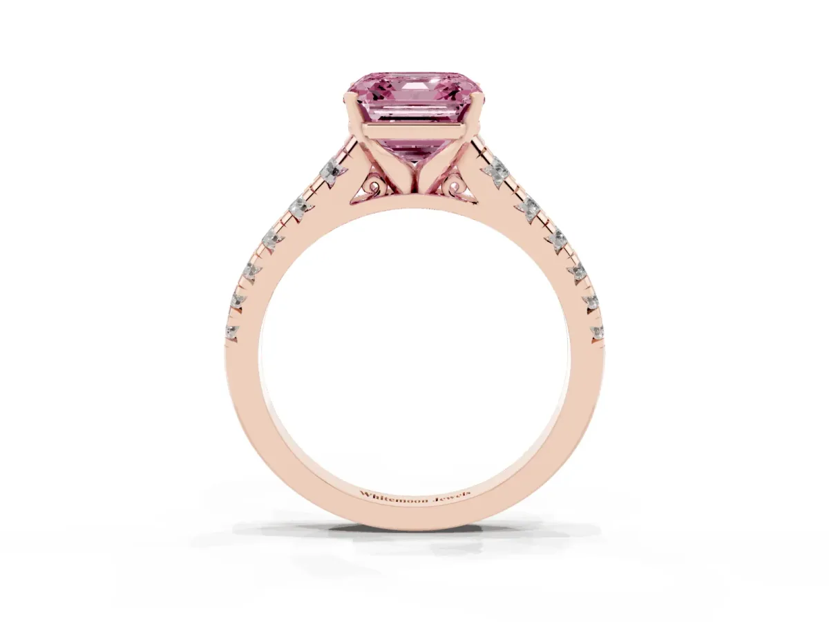 Fancy Pink Asscher Cut Diamond Cathedral Solitaire Ring with Round Pavé Band Rose gold