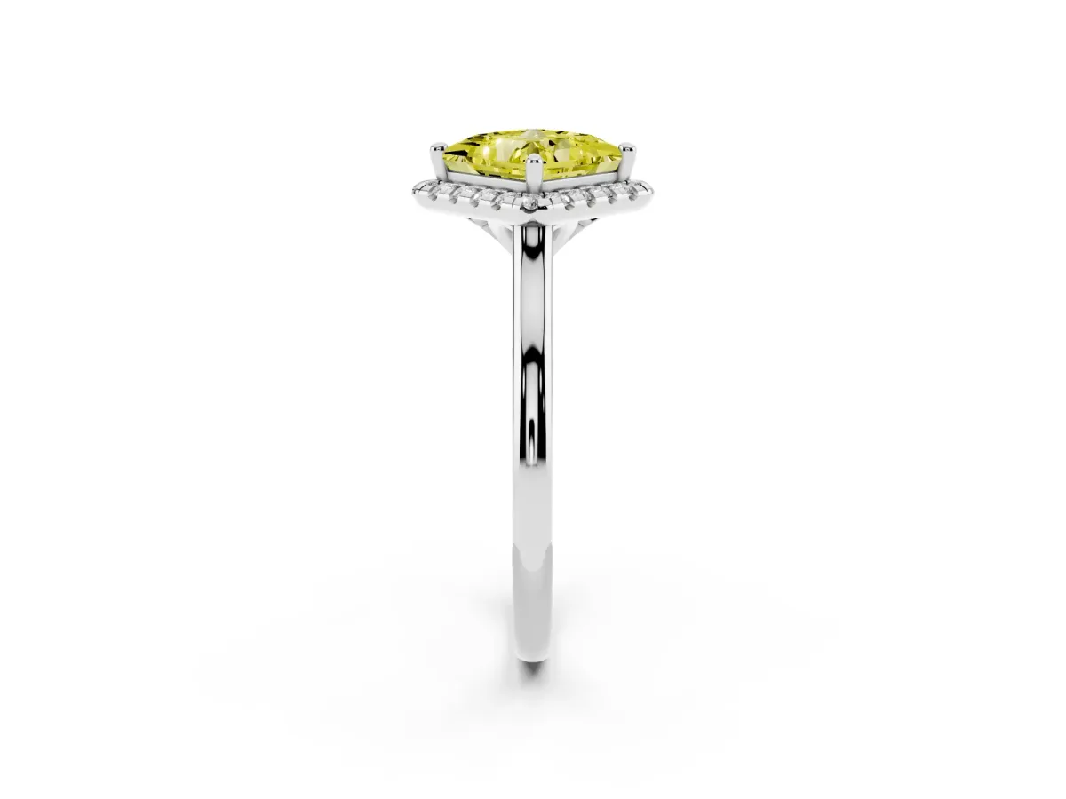 Fancy Yellow Princess Cut Halo Round Diamond Solitaire Engagement Ring with Pave Band and Four-Prong Setting Silver