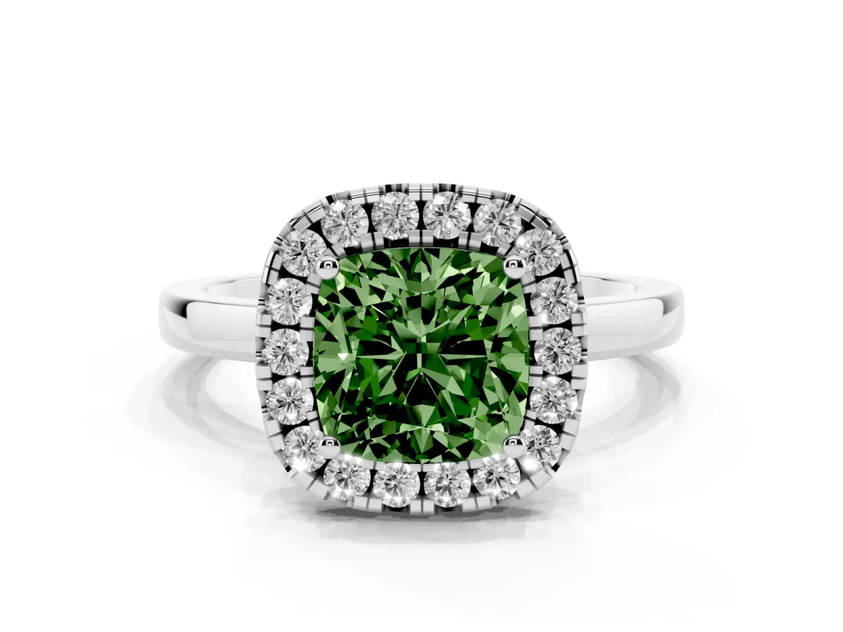 Fancy Green Cushion Cut Halo Diamond Solitaire with Pavé Band and Four-Prong Setting Silver