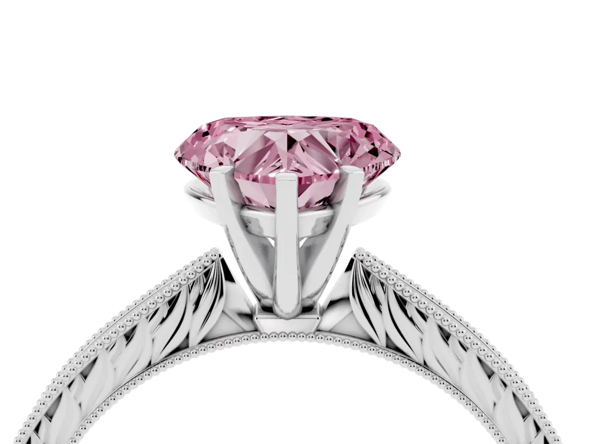Fancy Pink Heart Cut Solitaire Milgrain Engraved Band with Four-Prong Setting Silver
