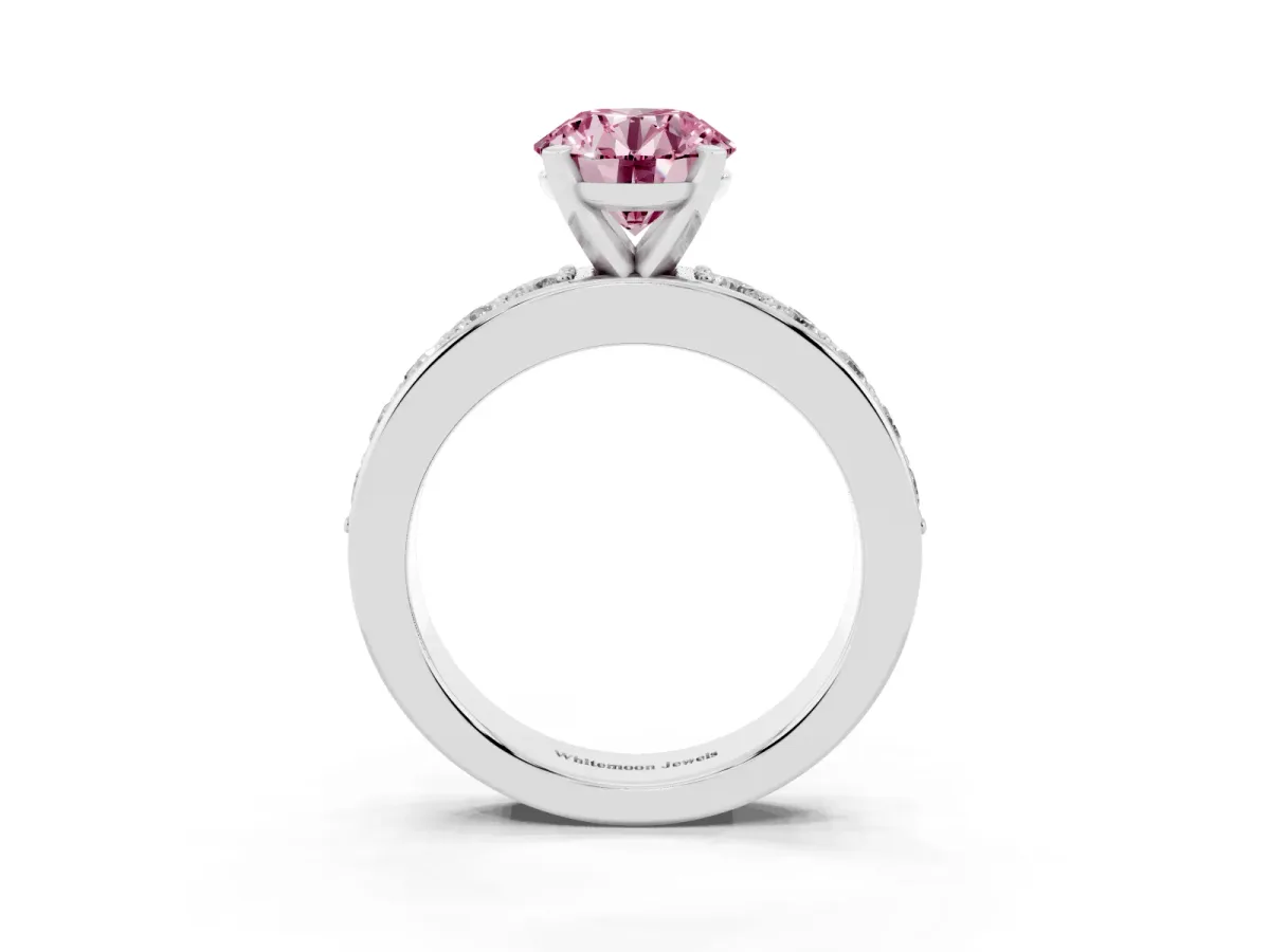 Fancy Pink Round Cut Diamond Engagement Ring with Channel Set Round Band and Prong Setting Silver