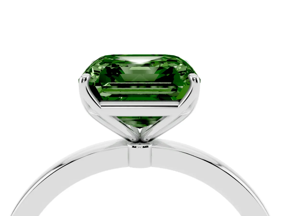 Fancy Green Asscher Cut Diamond Solitaire Ring with Thin Band and Prong Setting White gold