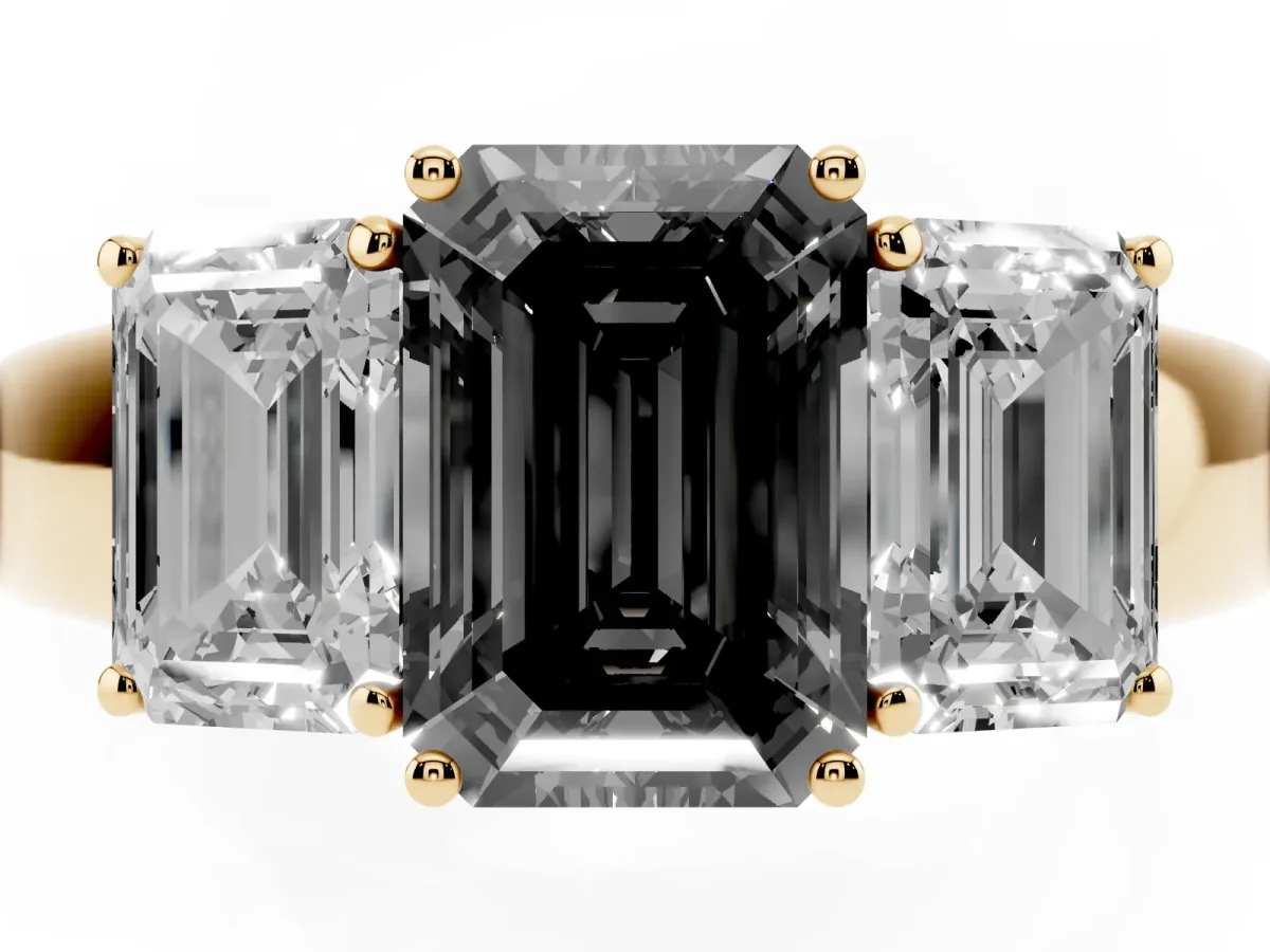 Fancy Black Three-Stone Emerald Cut Cut Diamond Ring with Prong Setting and Classic Band Yellow gold