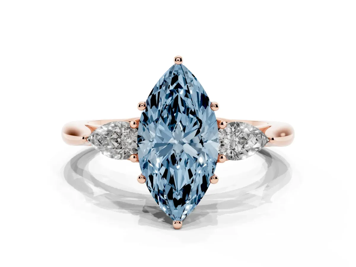 Fancy Blue Three-Stone Marquise Cut Brilliant Diamond Solitaire Ring with Tapered Band and Four-Prong Setting Rose gold
