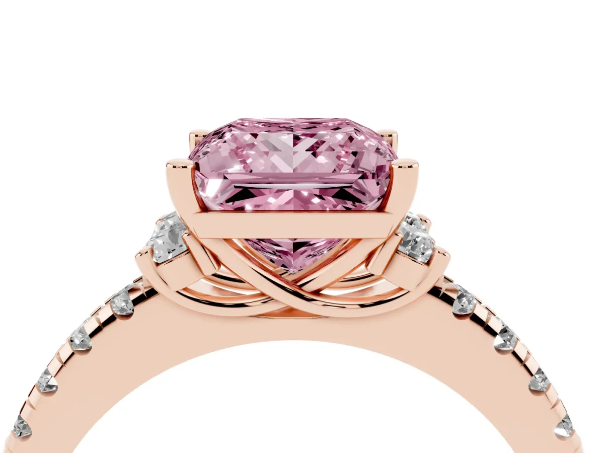 Fancy Pink Princess Cut Diamond Three-Stone Pave Band with Four-Prong Setting Rose gold