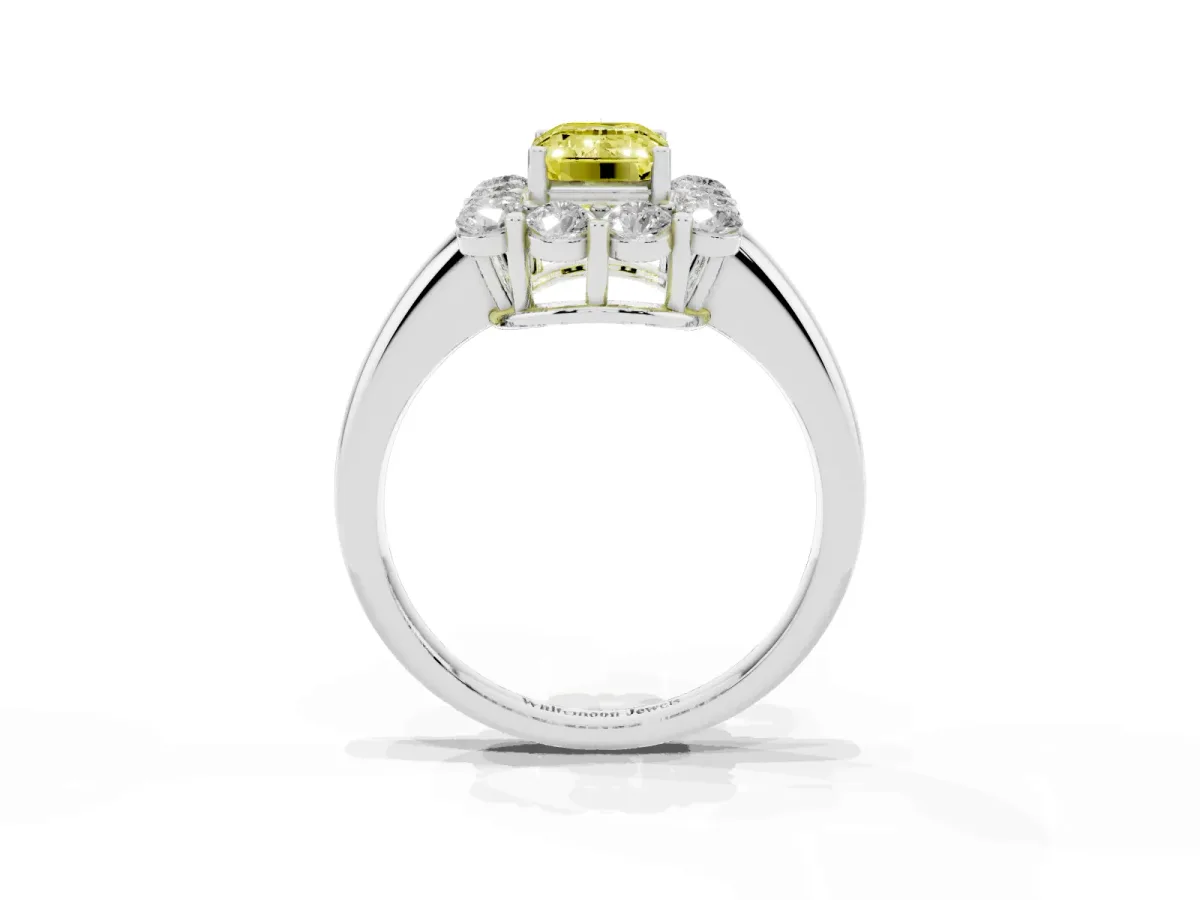 Fancy Yellow Emerald Cut Halo Cluster Diamond Engagement Ring with Prong Setting and Polished Band White gold