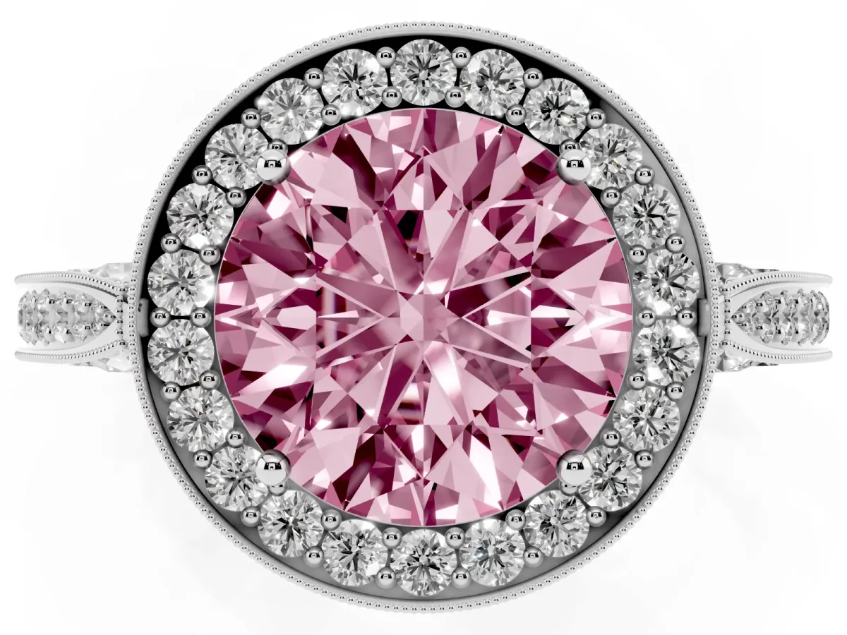 Fancy Pink Round Cut Halo Diamond Engagement Ring with Split Shank Band and Four-Prong Setting Silver
