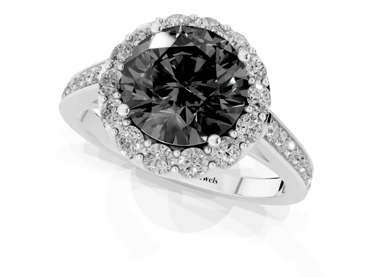 Fancy Black Round Cut Diamond Floral Halo Ring with Pavé Band and Prong Setting Silver