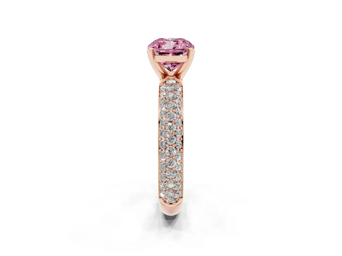 Fancy Pink Cushion Cut Diamond Solitaire Ring with Prong Setting and Pavé Band Rose gold