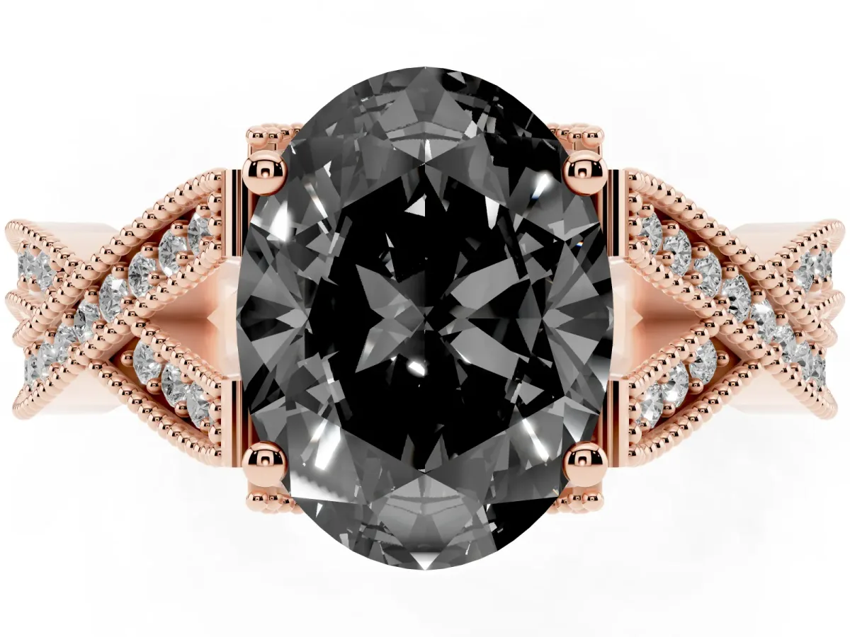 Fancy Black Oval Cut Cut Diamond Twisted Band with Milgrain Pave Setting and Four-Prong Setting Rose gold