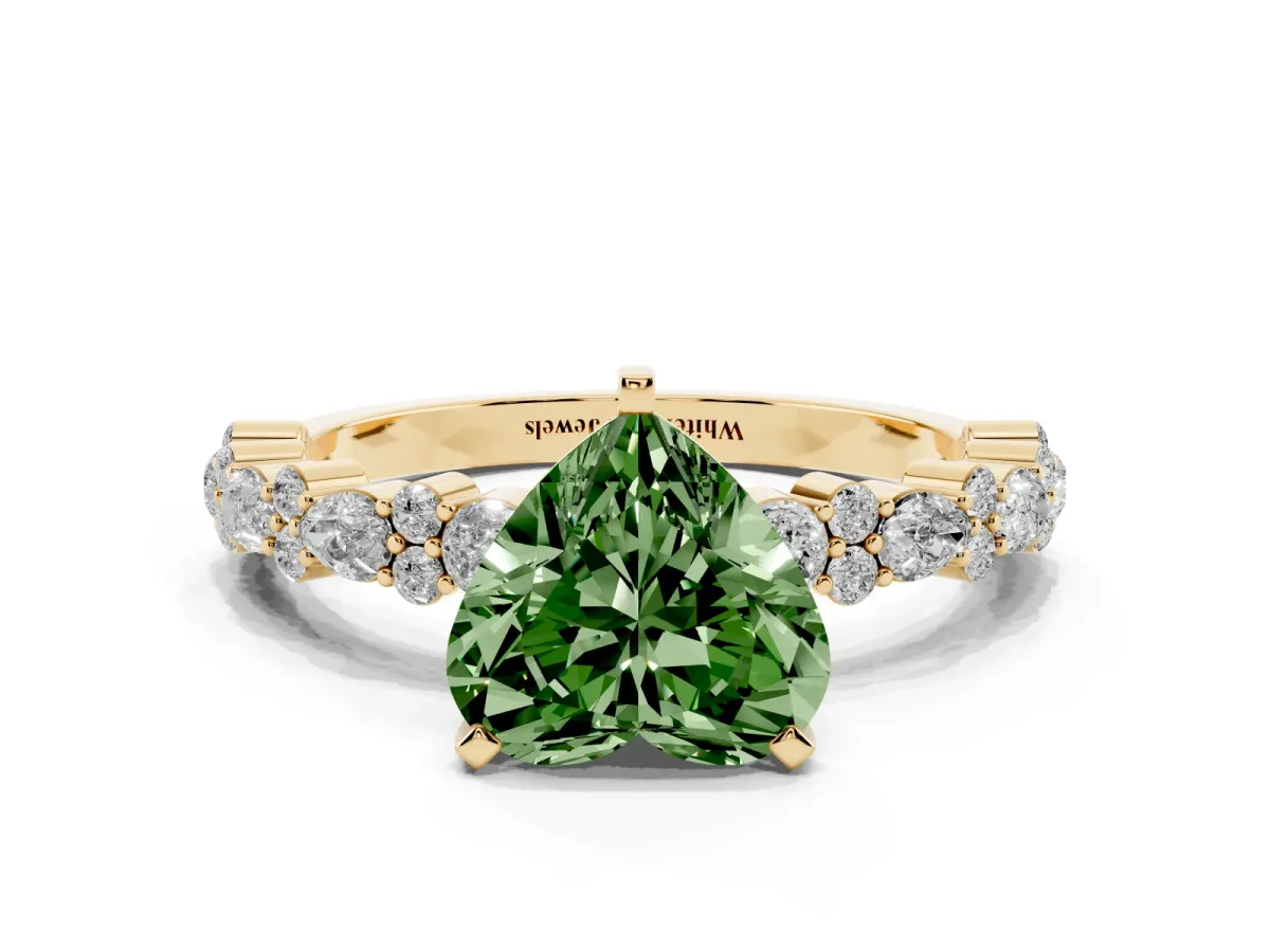 Fancy Green Heart Cut Diamond Side Stone Solitaire Ring with Round and Four-Prong Setting Yellow gold