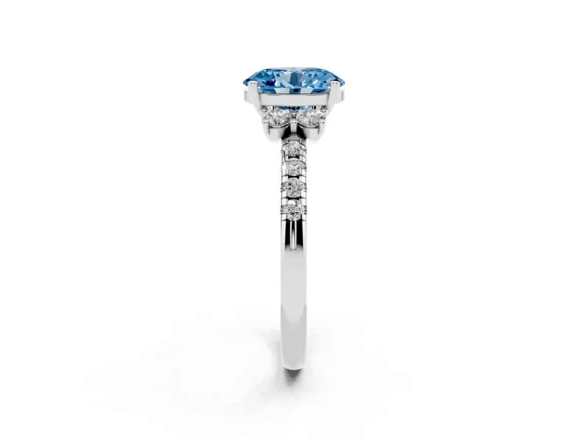 Fancy Blue Oval Cut Diamond Three-Stone Pave Band with Four-Prong Setting Silver
