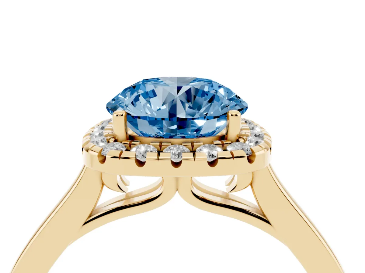 Fancy Blue Round Cut Halo Round Diamond Solitaire Ring with Pavé Band and Four-Prong Setting Yellow gold