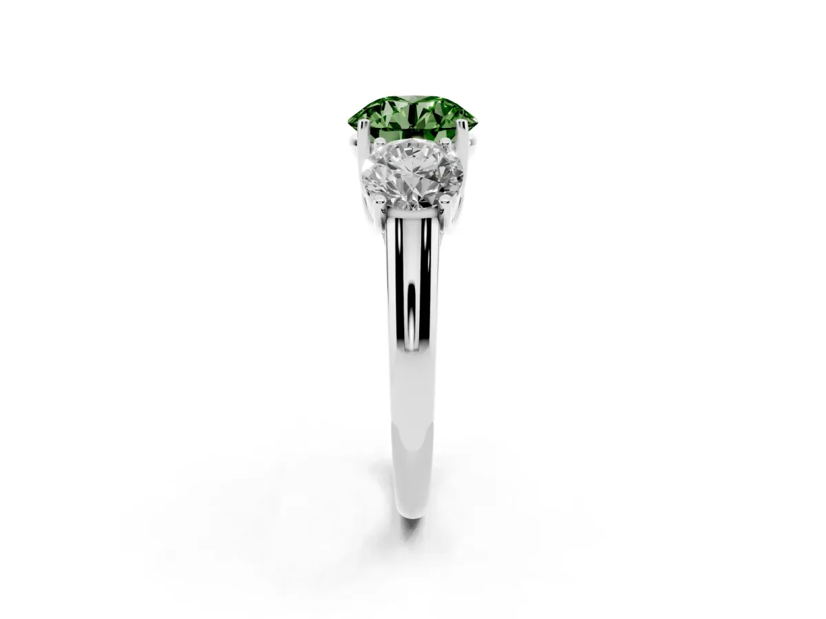 Fancy Green Three-Stone Round Cut Diamond Engagement Ring with Prong Setting Platinum