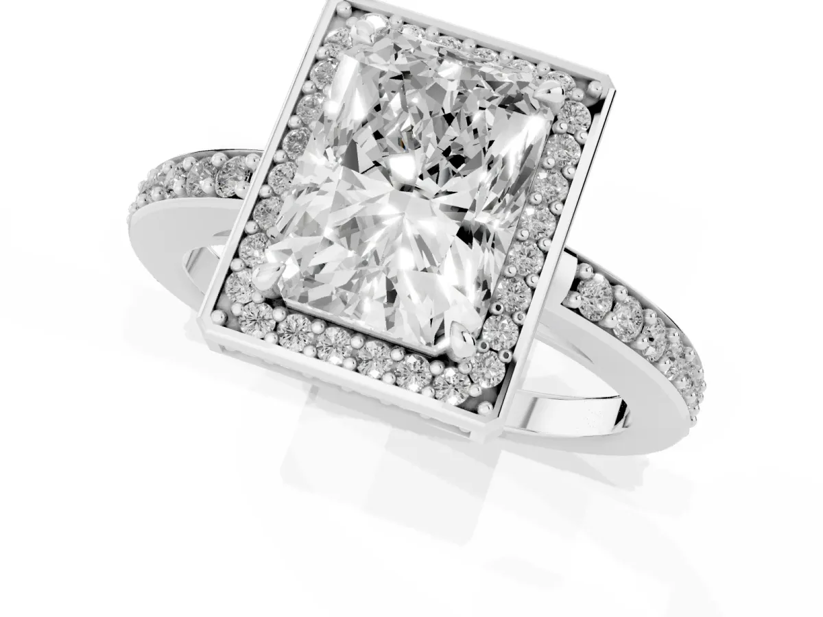 Radiant Cut Halo Pave Band Solitaire Ring with Prong Setting Silver