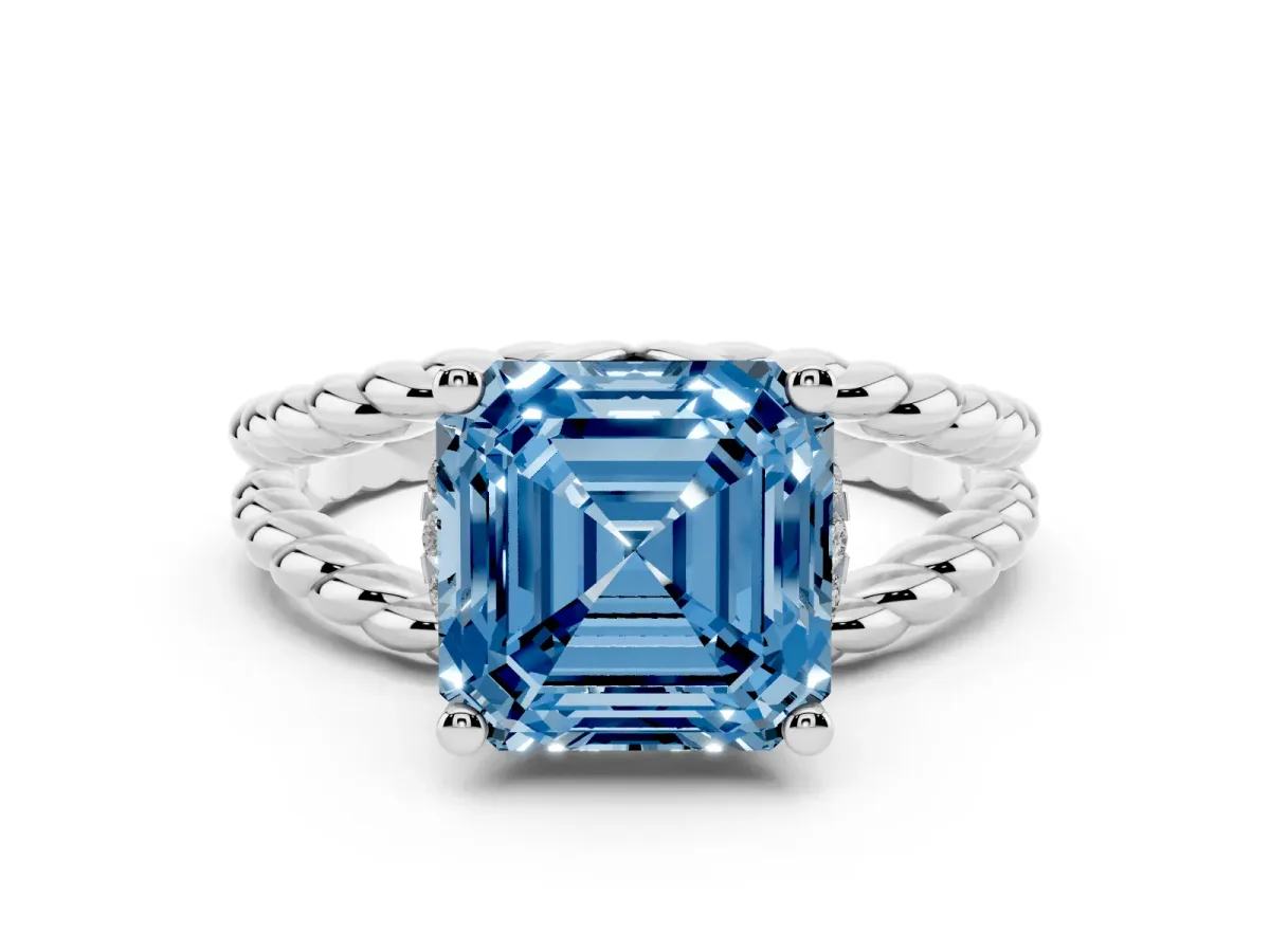 Fancy Blue Asscher Cut Halo Twisted Band Four-Prong Ring Silver