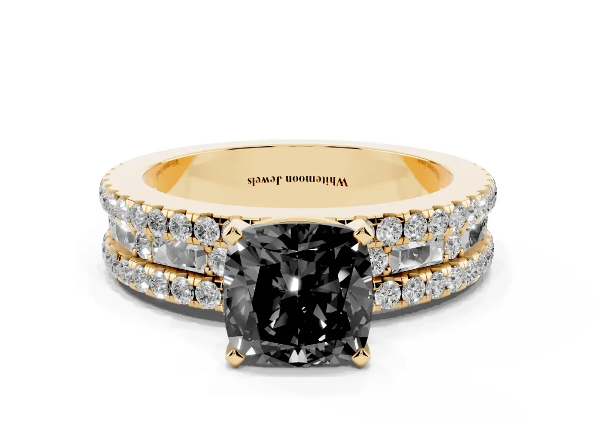 Fancy Black Cushion Cut Diamond Solitaire Ring with Pavé and Channel Set Band Yellow gold