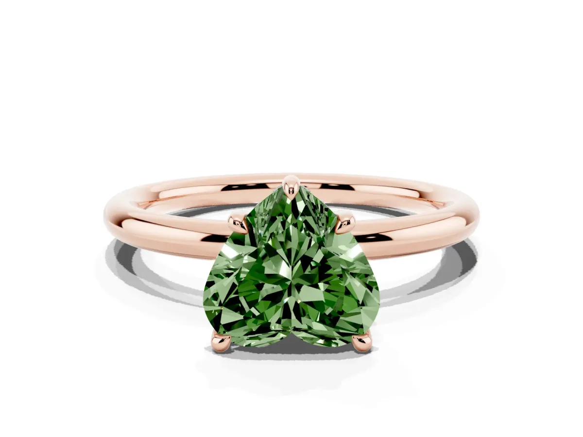 Fancy Green Heart Cut Diamond Solitaire Ring with Thin Band and Four-Prong Setting Rose gold