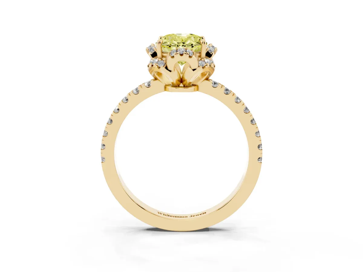 Fancy Yellow Oval Cut Diamond Halo Pave Band with Four-Prong Setting Yellow gold