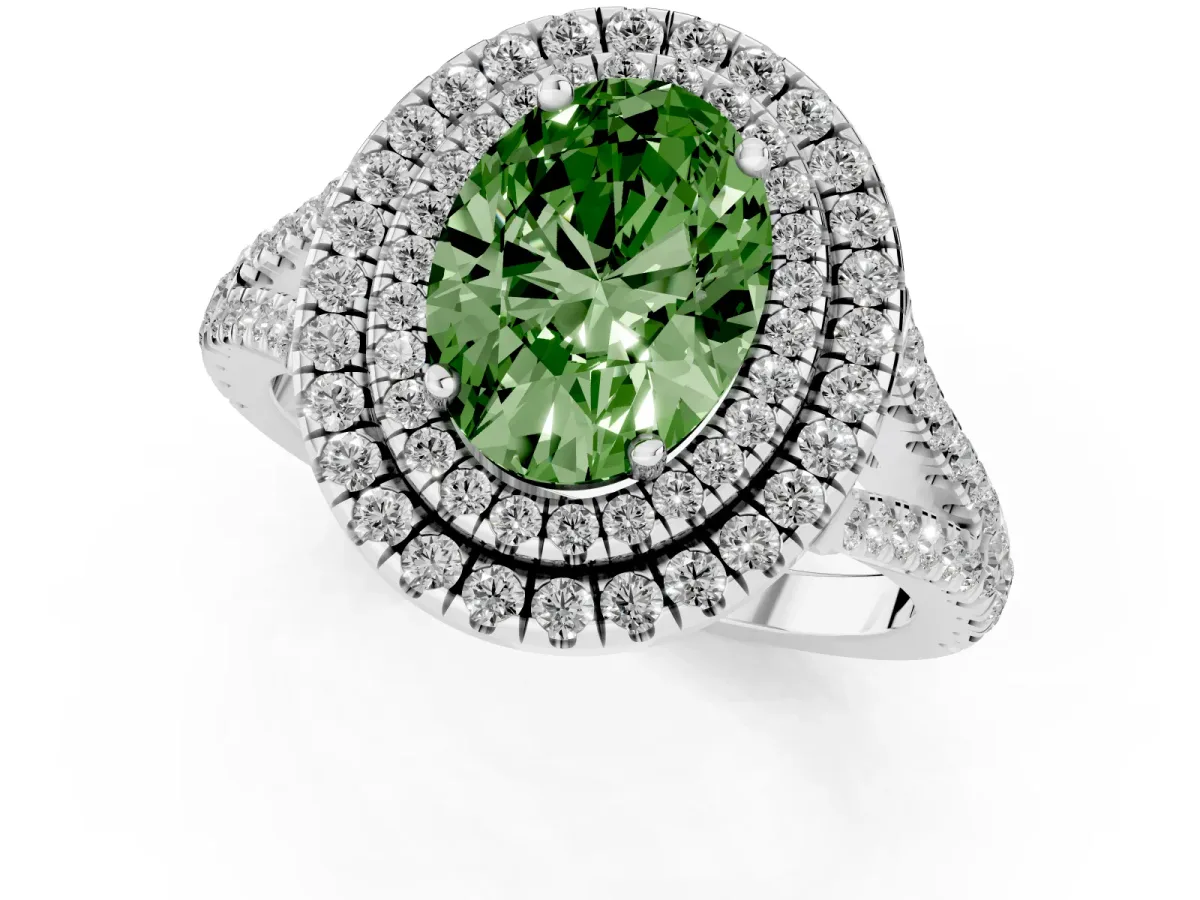 Fancy Green Oval Cut Diamond Double Halo Ring with Pavé Band and Prong Setting Silver