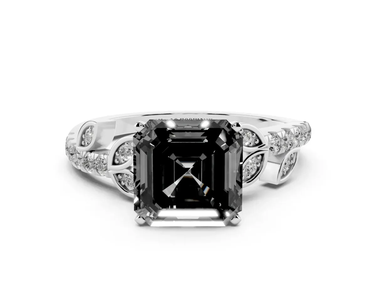 Fancy Black Asscher Cut Solitaire Leaf-Inspired Diamond Ring with Pavé Band and Four-Prong Setting Silver