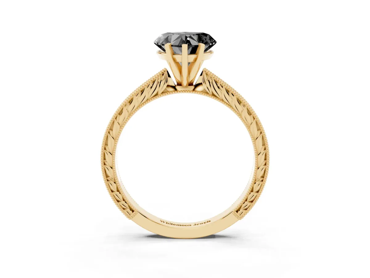 Fancy Black Heart Cut Solitaire Milgrain Engraved Band with Four-Prong Setting Yellow gold